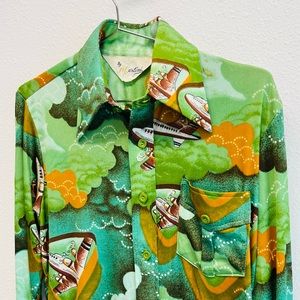 Vintage Airplane Butterfly Collar Blouse Shirt